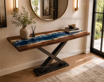 Live Edge Walnut Ocean Wave Epoxy Console Table, Gold Accents River Hallway Sofa Table