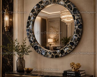 Round Black Agate Mirror, Luxury Wall Mirror, Natural Agate Round Mirror  Luxury Black Agate Round Mirror