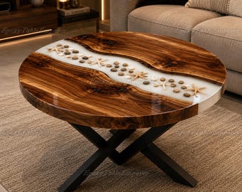 Round Live Edge Wood Coffee Table, Ocean Resin River with Starfish Stones