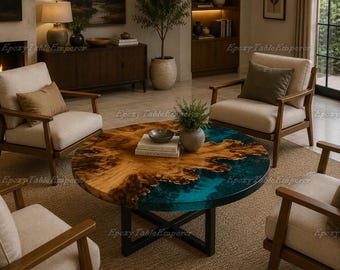 Round Wood Resin Dining Table | Aqua Blue River Furniture, Custom Ocean Table