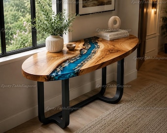 Live Edge Epoxy River Console Table with Stones, Blue Resin Entryway Table, Rustic Wood Hallway Table, Custom Sofa Table, Pebble Art