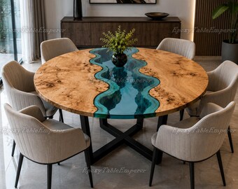 Luxuriöser runder Harz-Esstisch, benutzerdefinierte Live Edge River-Tisch, blauer Epoxy-Ozeantisch, Wurzelholz-Küchentisch, handgefertigte Harzkunst