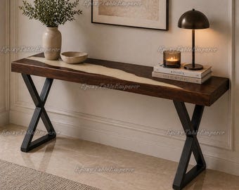 Live Edge Walnut River Console Table with White Epoxy Inlay, Metal X-Frame Legs, Custom Hallway Sofa Table, Handmade Furniture