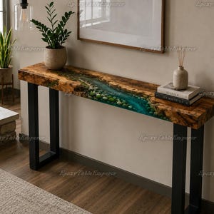 Live Edge Epoxy River Table with Stones & Moss, Resin Console Table, Wood Entryway Table, Rustic Hallway Furniture, Custom Sofa Table