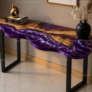 Purple Epoxy Resin Console Table, Live Edge Burl Wood Entryway Table, Amethyst Ocean Wave River Table, Modern Sofa Table, Hallway Decor