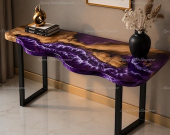 Purple Epoxy Resin Console Table, Live Edge Burl Wood Entryway Table, Amethyst Ocean Wave River Table, Modern Sofa Table, Hallway Decor