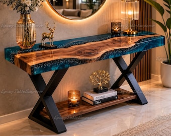 Live Edge Epoxy Console Table | Blue River Wood Sofa Table, Hallway Furniture