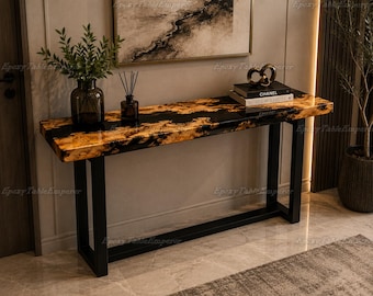 Live Edge Burl Wood Epoxy Console Table, Black River Hallway Entryway Sofa Table