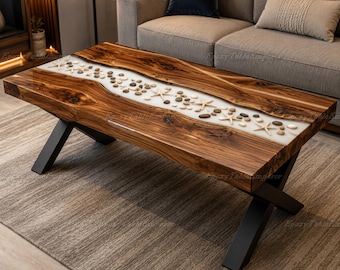 Live Edge Epoxy River Coffee Table with Starfish & Pebbles, Ocean Resin Coffee Table, Coastal Beach Decor, Custom Wood Table