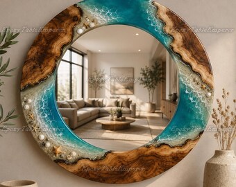 Ozean-Harz-Holz-Spiegel, großer runder Live-Edge-Wandspiegel, Küstenstrandhaus-Dekor, Epoxy-Wellen-Spiegel, nautische Wandkunst, handgemachter Spiegel