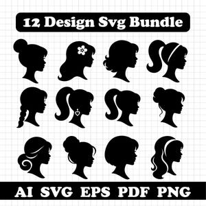 Può includere: Un set grafico digitale intitolato 12 Design Svg Bundle che presenta dodici sagome nere di profili femminili con varie acconciature, tra cui chignon, code di cavallo e trecce, su uno sfondo a griglia bianca con testo AI, SVG, EPS, PDF, PNG.