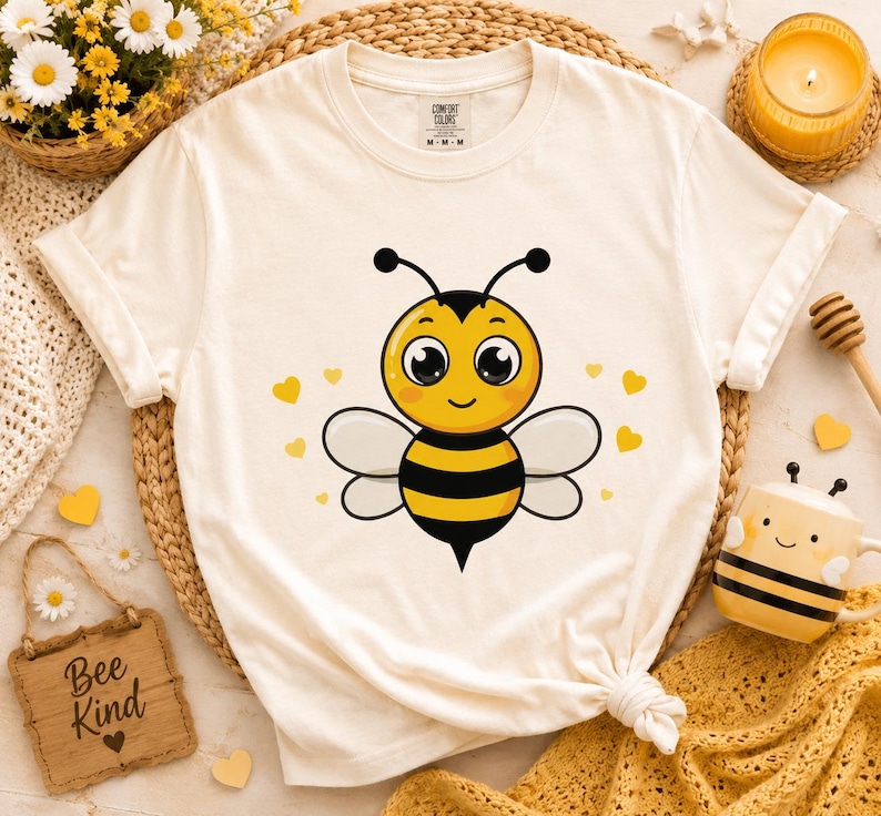 May include: A cream-colored short-sleeve t-shirt featuring a central graphic of a cartoon bee with large eyes, black and yellow stripes, and white wings, surrounded by small yellow hearts. The shirt has a crew neckline and a Comfort Colors label.