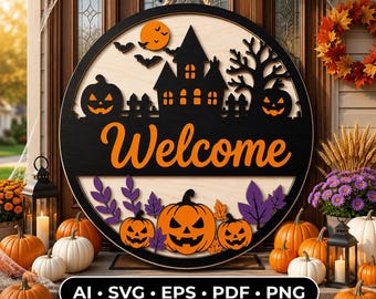 Welcome Halloween Laser Cut SVG | Halloween Door Hanger SVG | Round Halloween Sign | Layered Laser Cut File  | Glowforge Cricut