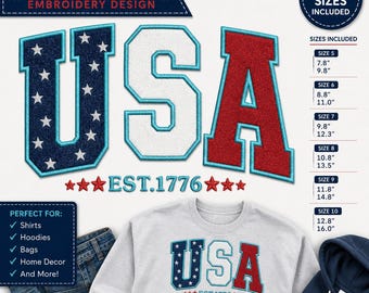 USA Applique Embroidery Design | Patriotic USA Embroidery Font |4th of July Applique Design | Independence Day Embroidery | Instant Download