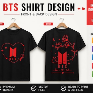 May include: Black t-shirts with red graphics. The front design features a heart with the letters "BTS" and a key. The back design includes the words "better together" and a floral design. The shirts are displayed on a wooden hanger.