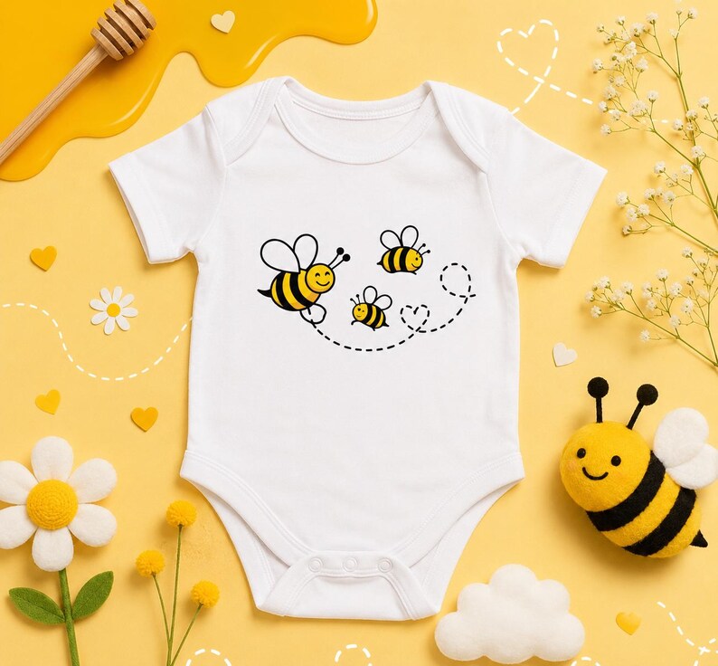 May include: A white short-sleeved baby bodysuit featuring a graphic print of three yellow and black striped bees. The bees are depicted in flight with a dotted line trail that forms a heart shape. The garment has a round neckline and snap closures.