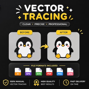 May include: A graphic display for vector tracing services featuring the text VECTOR TRACING, CLEAN, PRECISE, PROFESSIONAL, and FILE FORMATS INCLUDED. It shows a before and after comparison of a pixelated penguin illustration and lists AI, EPS, SVG, PDF, PNG, and JPG file formats.