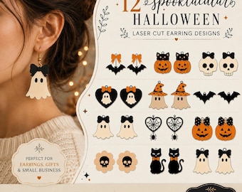 Cute Halloween Earrings SVG, Cute Ghost Svg, Spooky Goth Wood Jewelry Laser Cut Files, Wood Earring Svg, Ghost Earrings Svg