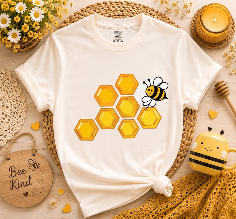May include: A white short-sleeve t-shirt featuring a graphic print of yellow hexagonal honeycomb cells and a small cartoon bee. The shirt has a crew neckline and a Comfort Colors brand label printed on the inside of the collar area.