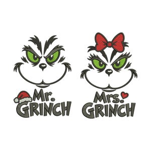 Peut inclure: Deux motifs brodés représentant des visages verts aux contours noirs marqués et aux yeux vert vif. Le motif de gauche inclut un bonnet de Père Noël rouge et le texte Mr. GRINCH. Celui de droite porte un nœud rouge et le texte Mrs. GRINCH avec un petit cœur rouge.