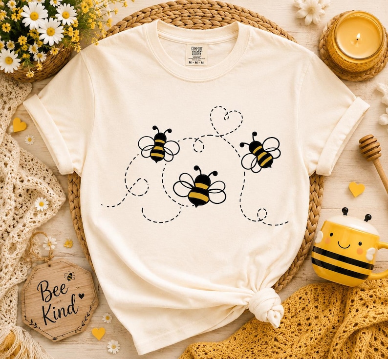 May include: A cream-colored short-sleeve t-shirt featuring a graphic print of three stylized bees with yellow and black striped bodies. The bees are connected by a dashed black line that forms a heart shape above them. The shirt has a crew neckline.