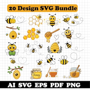May include: A digital graphic collection titled 20 Design SVG Bundle featuring yellow and black cartoon bees, honeycombs, beehives, honey jars, and honey dippers. The set includes various bee illustrations with flight paths and text AI SVG EPS PDF PNG.