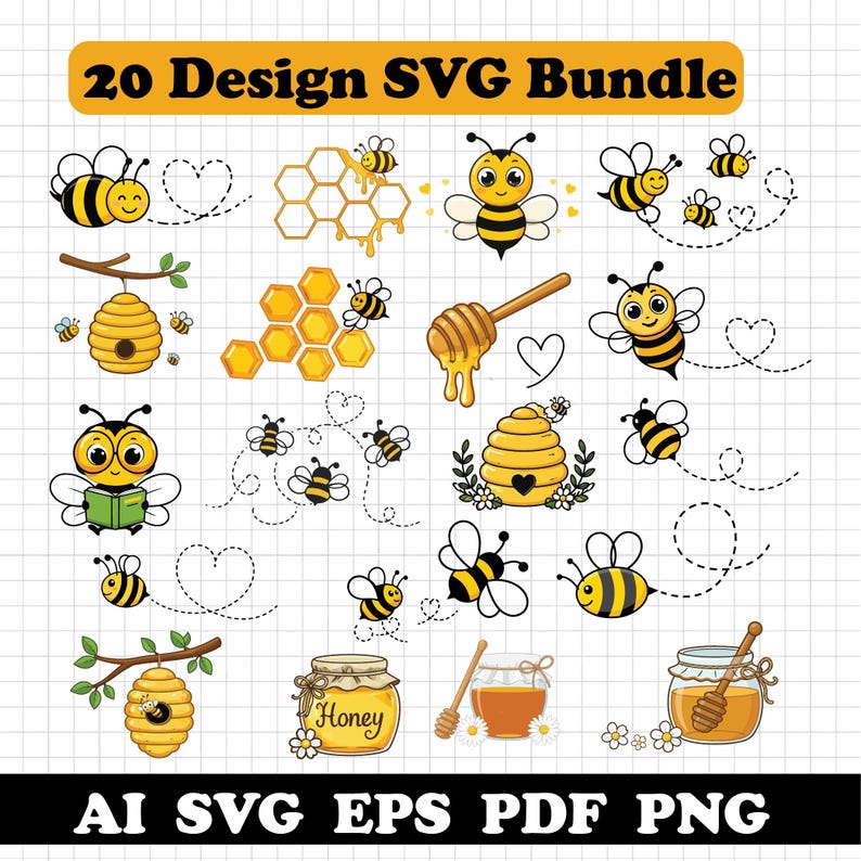 May include: A digital graphic collection titled 20 Design SVG Bundle featuring yellow and black cartoon bees, honeycombs, beehives, honey jars, and honey dippers. The set includes various bee illustrations with flight paths and text AI SVG EPS PDF PNG.