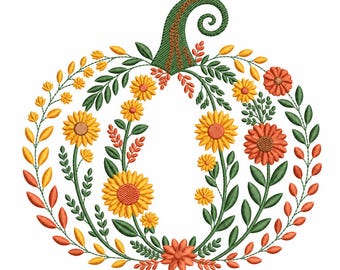Floral Pumpkin Embroidery Design, Fall Machine Embroidery File, Autumn Embroidery, Pumpkin PES DST