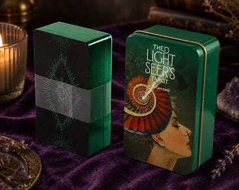 Das Tarot-Deck des Lichtsehers mit grüner Blechdose, mystischen Wahrsagekarten, spirituelle Anleitung, Tarot-Geschenk für Leser und Tarot-Liebhaber