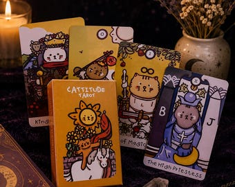Cattitude Tarot Deck, Süße Katzen Tarot Karten, Kawaii Feline Wahrsagung Karten, 78 Karte Tarot Set, Katzenliebhaber Spirituelles Geschenk für Tarot Liebhaber