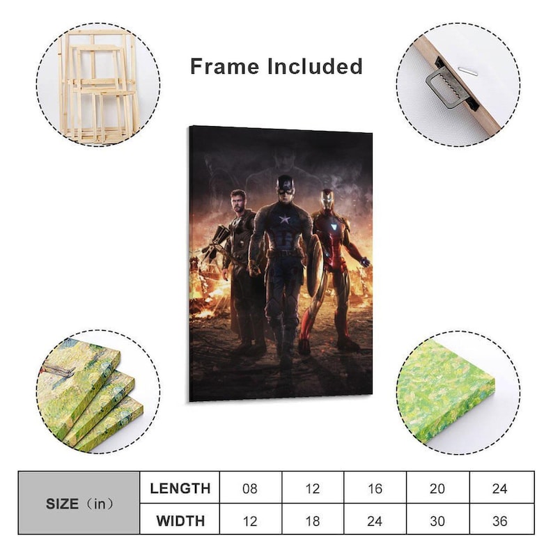 May include: A framed canvas print featuring Captain America, Iron Man, and another superhero standing in front of a fiery background. The print is available in various sizes, with the smallest being 8 inches in length and 12 inches in width.