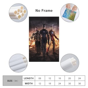 May include: A canvas print featuring three superheroes: Captain America, Iron Man, and Thor, standing in front of a fiery background. The print is available in various sizes, with the smallest being 8 inches in length and 12 inches in width.
