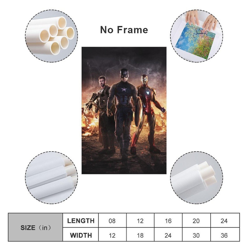 May include: A canvas print featuring three superheroes: Captain America, Iron Man, and Thor, standing in front of a fiery background. The print is available in various sizes, with the smallest being 8 inches in length and 12 inches in width.