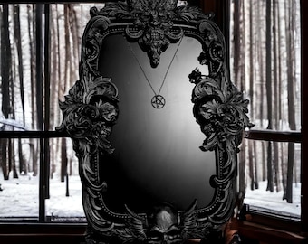 Espejo de adivinación negro con marco de madera. Espejo de pared estilo obsidiana. Envío gratuito a EE. UU.