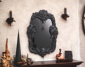 Espejo de adivinación negro con marco de madera. Espejo de pared estilo obsidiana. Envío gratuito a EE. UU.