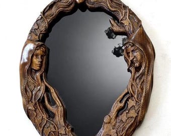 Espejo Black Hekate con marco de madera. Espejo de pared estilo obsidiana. Envío gratuito a EE. UU.