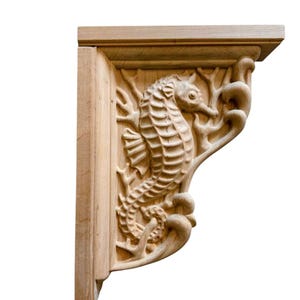 Door corner corbel, carved Seahorse decor, Alder Wood corner Arch Plaque, Shelf Bracket