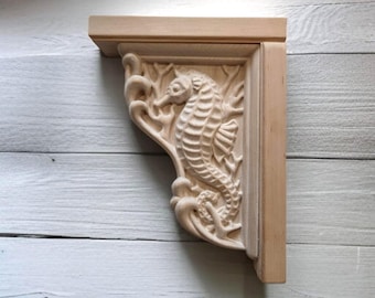 Corner corbel, carved Seahorse decor, Alder Wood corner Arch Plaque, Shelf Bracket