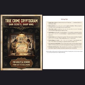 Könnte beinhalten: Ein Buchcover im Vintage-Stil für "True Crime Cryptogram" mit dem Untertitel "Dark Secrets. Sharp Mind." Das Cover zeigt Illustrationen von Detektiven, eine Chiffre und den Text "For Adults & Seniors From Easy to Challenging."