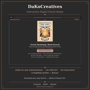 May include: Digital puzzle book advertisement with a dark background. The image features the text "Greek Mythology Word Search" and "DaKoCreatives." The book cover shows a mythological scene. The ad highlights features like no installation and offline play.