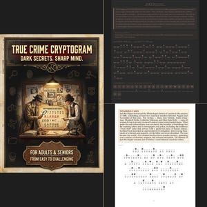 Puede incluir: Una portada de libro de acertijos True Crime Cryptogram con dos investigadores en un escritorio con una tableta de cifrado, rodeados de iconos de detectives. El texto dice True Crime Cryptogram, Dark Secrets. Sharp Mind. y For Adults & Seniors.