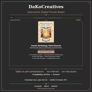 May include: Digital puzzle book advertisement with a dark background. The image features the text "Greek Mythology Word Search" and "DaKoCreatives." The book cover shows a mythological scene. The ad highlights features like no installation and offline play.