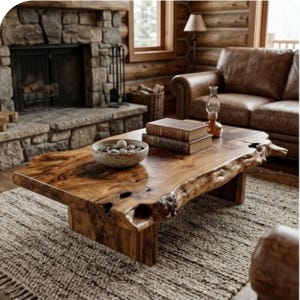 May include: A live edge coffee table made of polished brown wood with a natural grain pattern and organic, uneven edges. The table features a sturdy block base, a shallow speckled bowl filled with smooth stones, and two stacked vintage books.