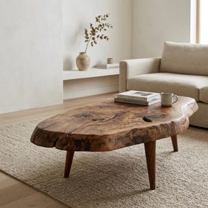 Könnte beinhalten: Ein Couchtisch aus Naturholz mit einer einzigartigen, organischen Form. Der Tisch hat eine warme braune Farbe mit sichtbarer Holzmaserung und Astlöchern. Er steht auf drei dunkelbraunen Beinen. Ein Buch und eine Tasse liegen auf der Tischplatte.