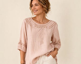 Boho Linen Blouse for Women, Embroidered Summer Top, 3/4 Sleeve Tunic Shirt, Relaxed Fit Cottagecore Clothing
