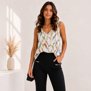 May include: A sleeveless V-neck top with a colorful leaf pattern in shades of red, yellow, blue, and green. The top is paired with black pants featuring zipper details on the pockets. A small black purse hangs from a chain.