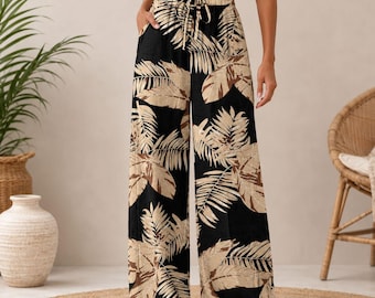 Women’s Boho Wide Leg Pants | Flowy Palazzo Lounge Trousers | Elastic Waist Drawstring Summer Beach Pants