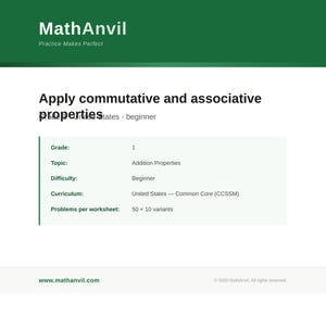 Grade 1 Addition Properties Worksheets | Commutative Associative | 10 Variants 50 Problems | CCSS Math Practice