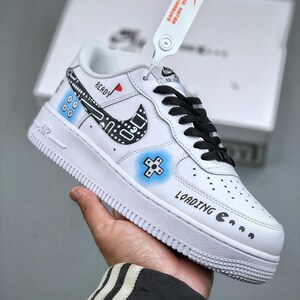 Custom White & Black Game Controller Graffiti Air Force 1 AF1 Shoes, Pixel Art Hand-Painted Sneakers with Blue Accents, Gamer Gift Footwear