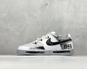 Custom Court Vision Low Dunk SB graffitischoenen, zwart wit grijs spetters handgeschilderde sneakers